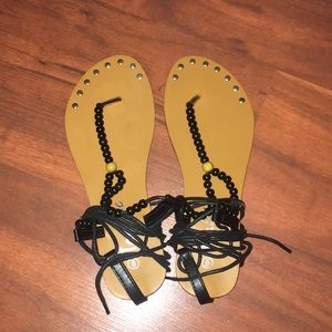 Black beaded tie-up sandals